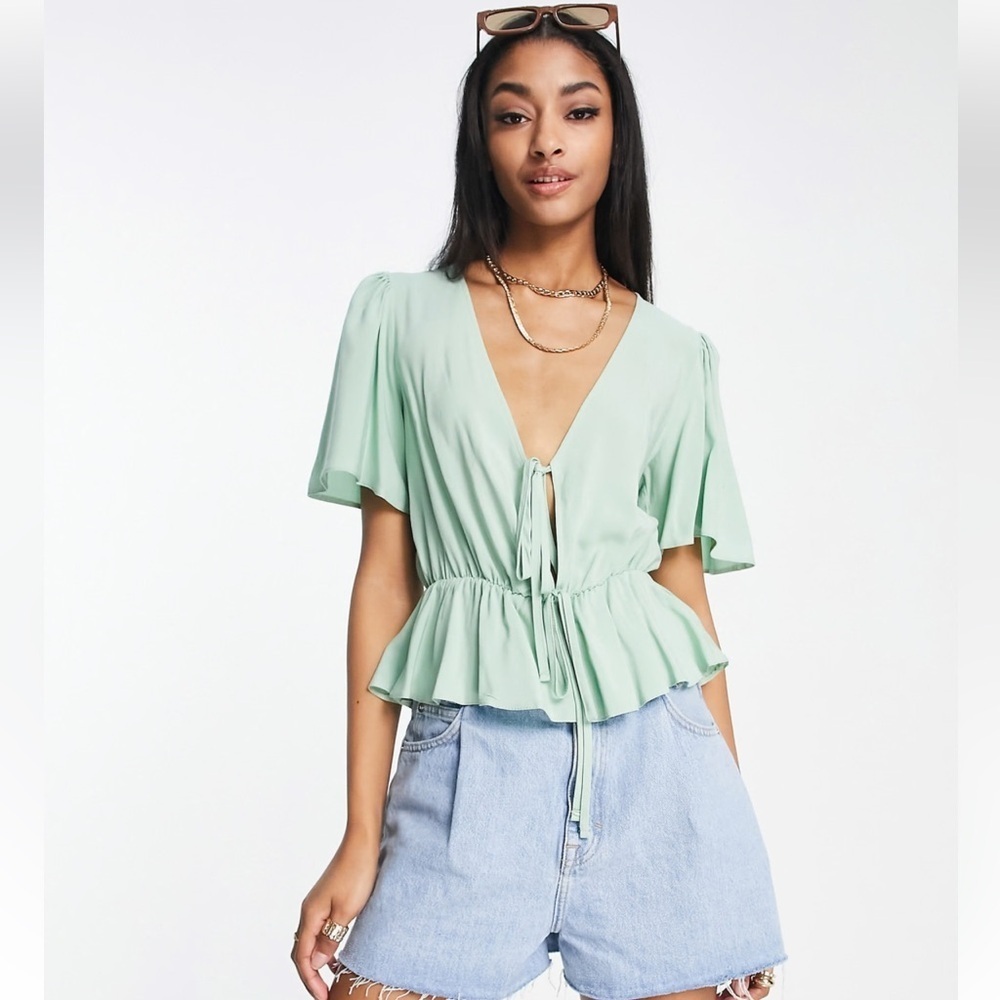NWT Asos Mint Green Short Angel Sleeve Peplum Tea Blouse Tie Boho Waist Size 6